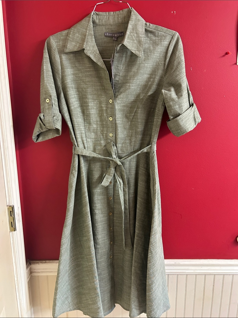 Sharagano Olive Green Button-Front Midi Dress with Tie Waist size 6